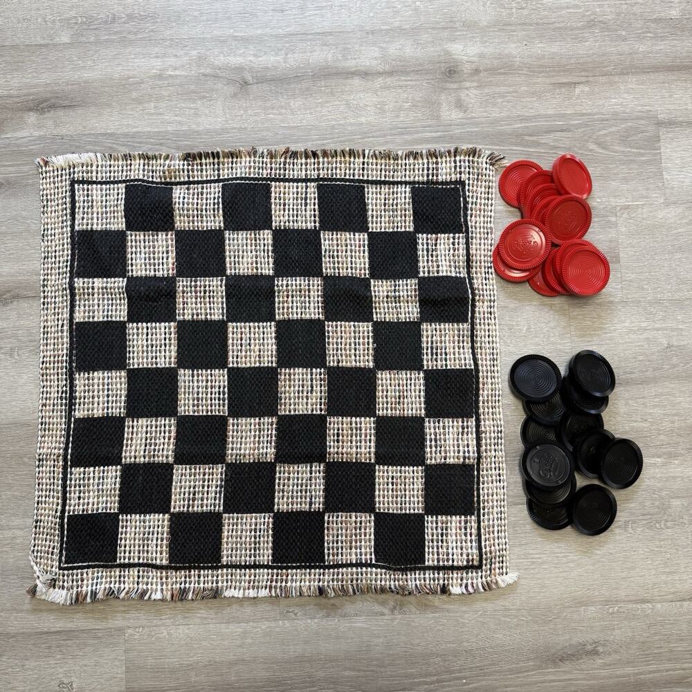 Giant Checker Game Woven Rug Game 27" x 28" with 3" Checkers & Tic Tac Toe